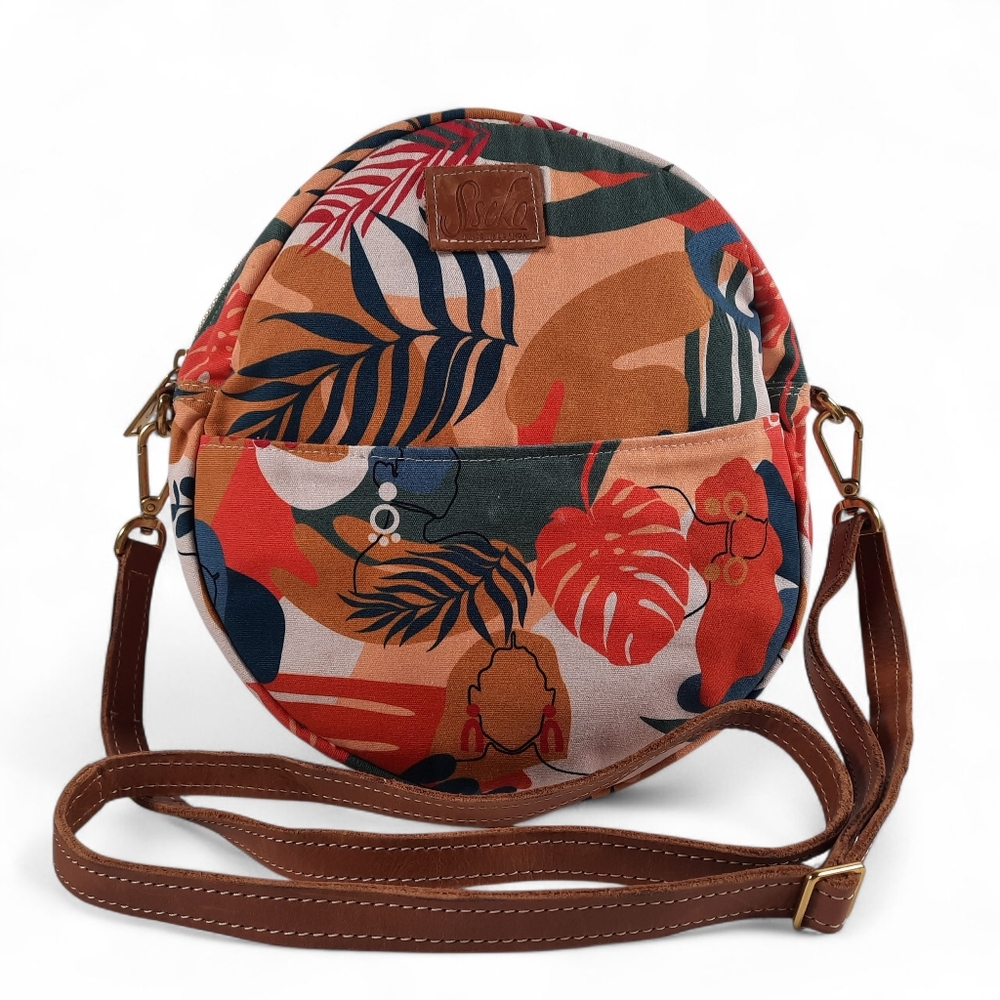 SSEKO Uganda Circle Crosabody Bag Artisan Tropical Leather Canvas Graphic Round